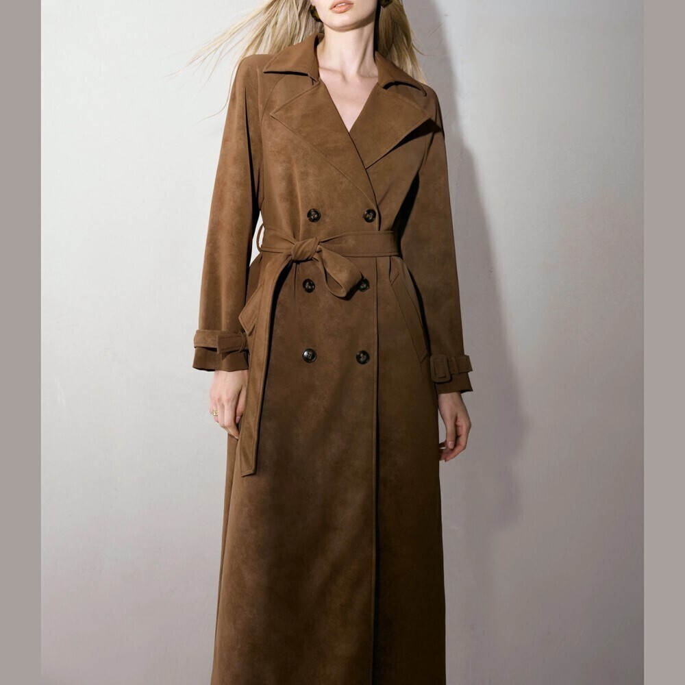 Brown Vegan Suede Belted Trench Coat - Picture 6 of 7
